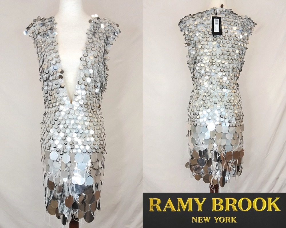 Ramy Brook Lacey Dress Women's 10 Silver Sequen Feathers Deep V NWT #J6059